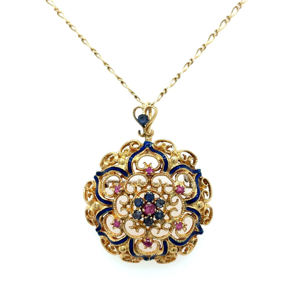 18K Yellow Gold Pendant with Pink and Blue Accents - Removable Pin