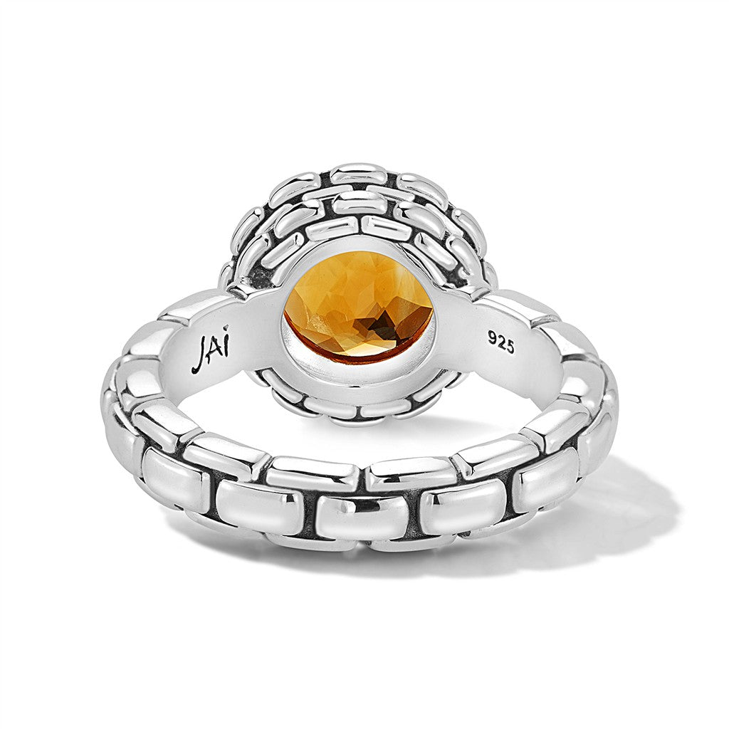 JAI Sterling Silver Box Chain Pattern Ring with Do | Silver Rings