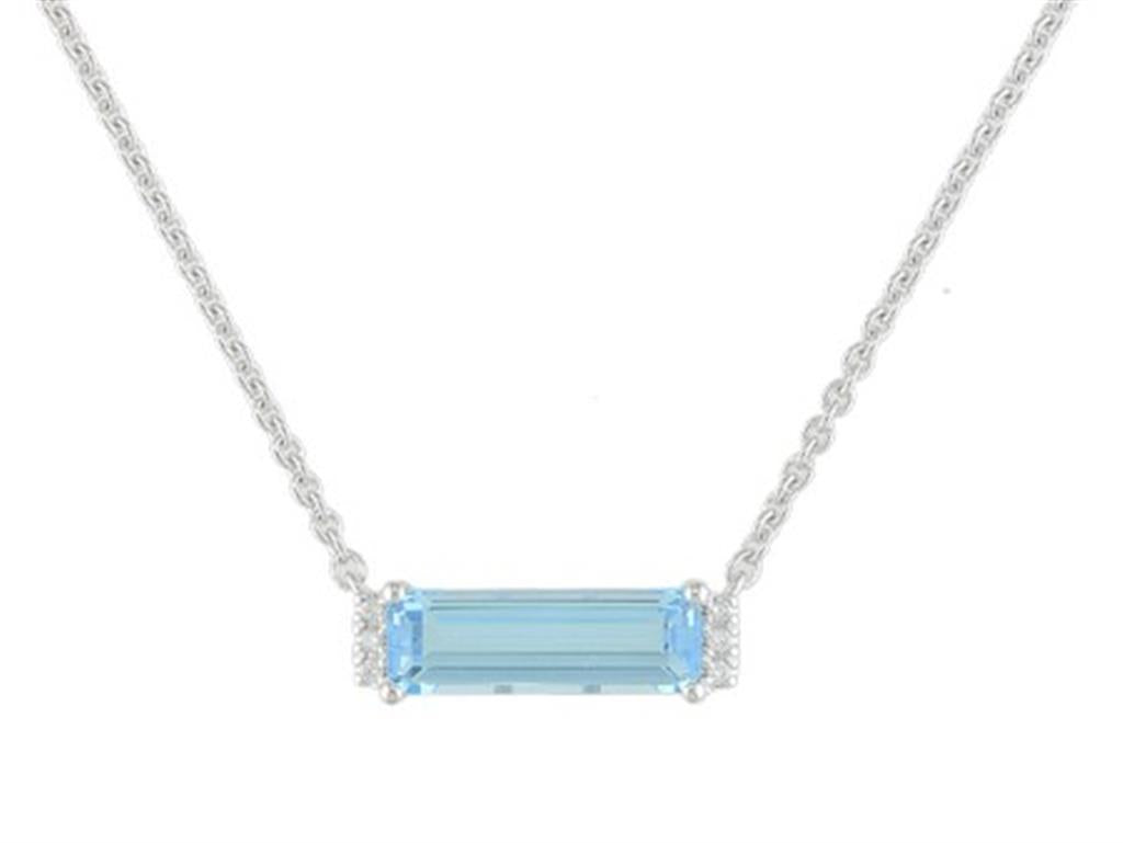 14K White Gold Elongated Elegance East West Set Blue Topaz with Diamond Accent Necklace