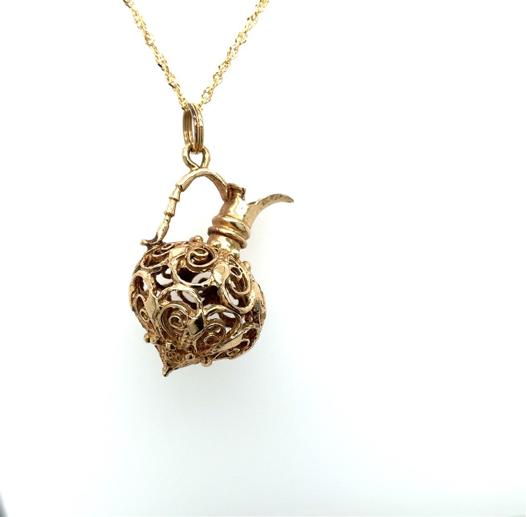 14K Yellow Gold Filigree Pitcher Pendant – No Chain