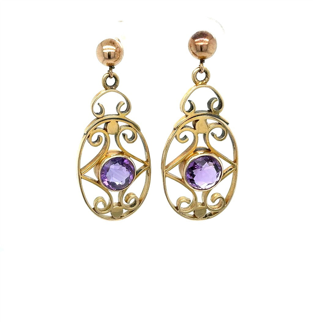 14K Yellow Gold Filigree Dangle Earrings with Purple Stones