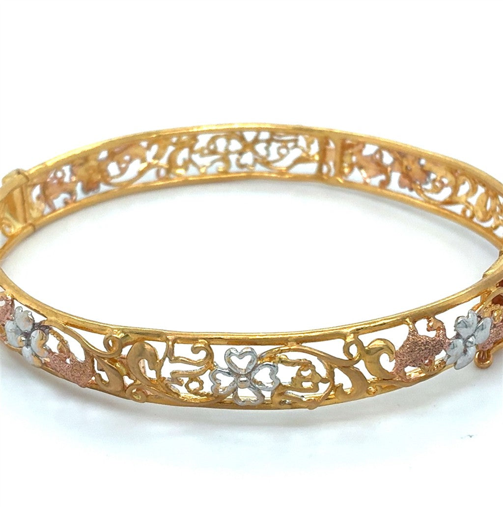 22K Tri-Tone Open Filigree Flower Bangle with Safety