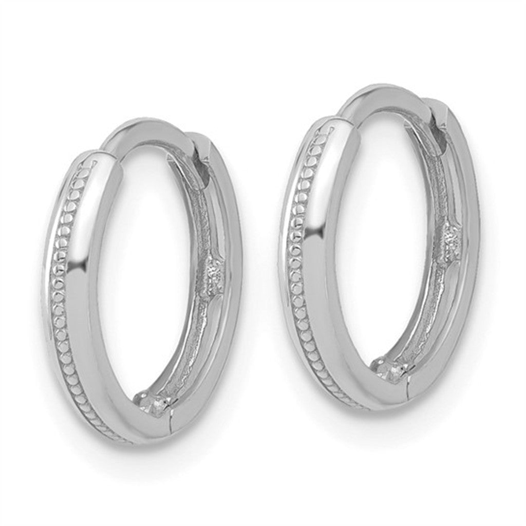 Elegant 14K White Gold Polished & Textured Small Huggie Hoop Earrings