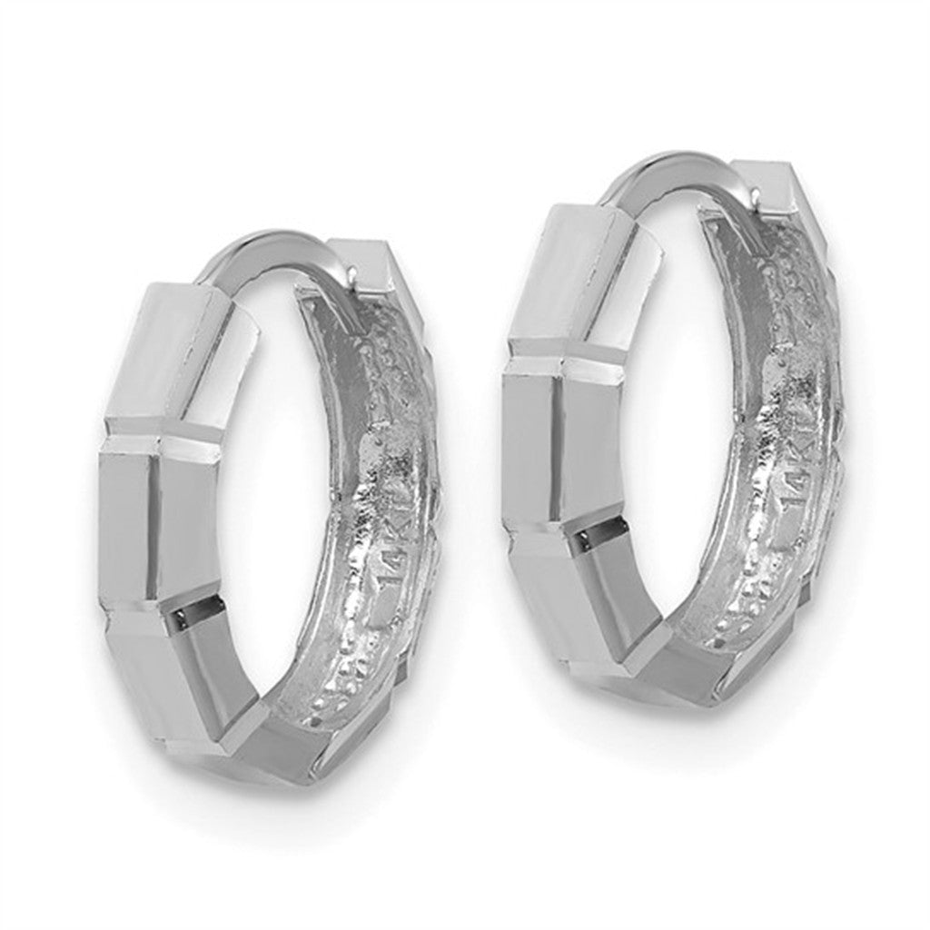 Elegant 14K White Gold Polished Diamond Cut Small Huggie Earrings