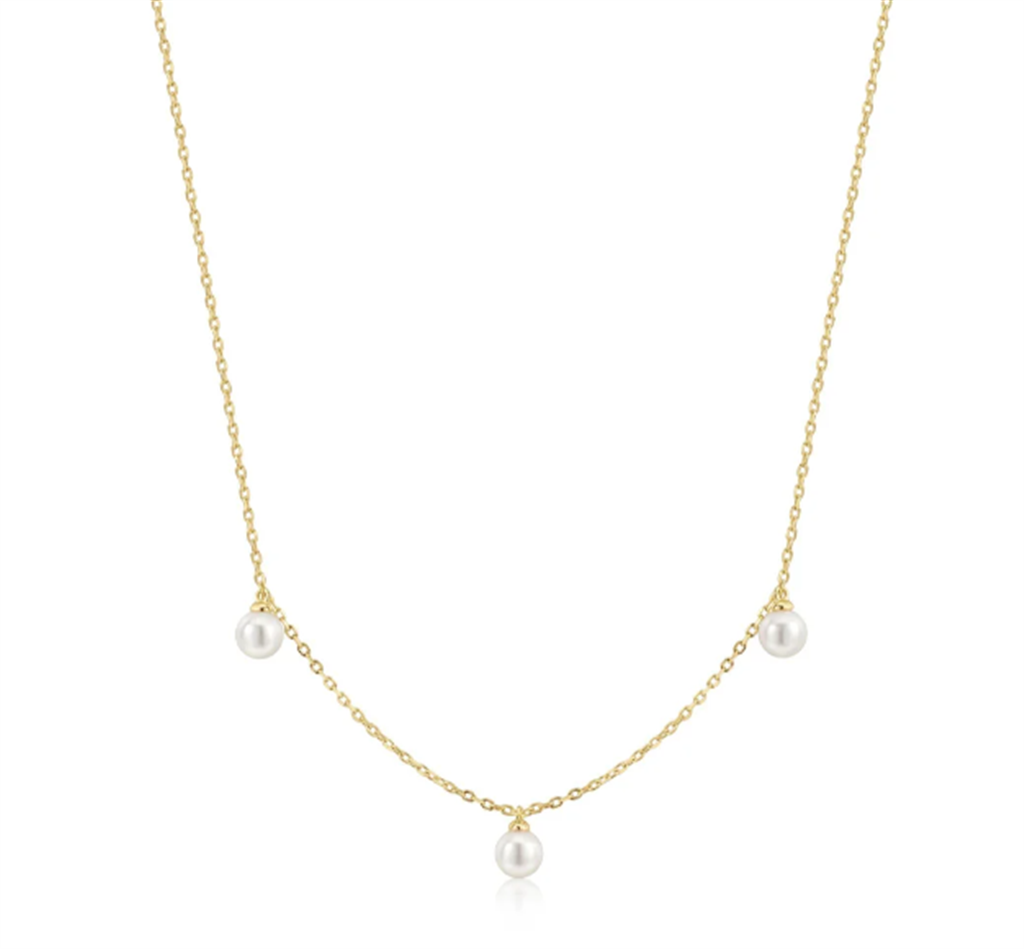Gold Triple Shell Pearl Station Necklace