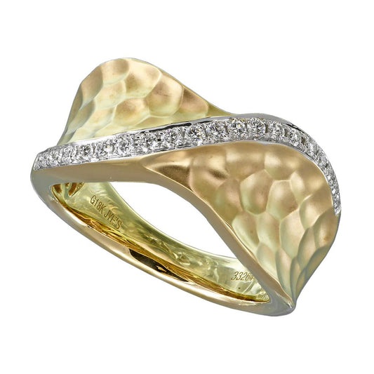 18K Two-Tone Curved Diamond Band – Hammered Finish