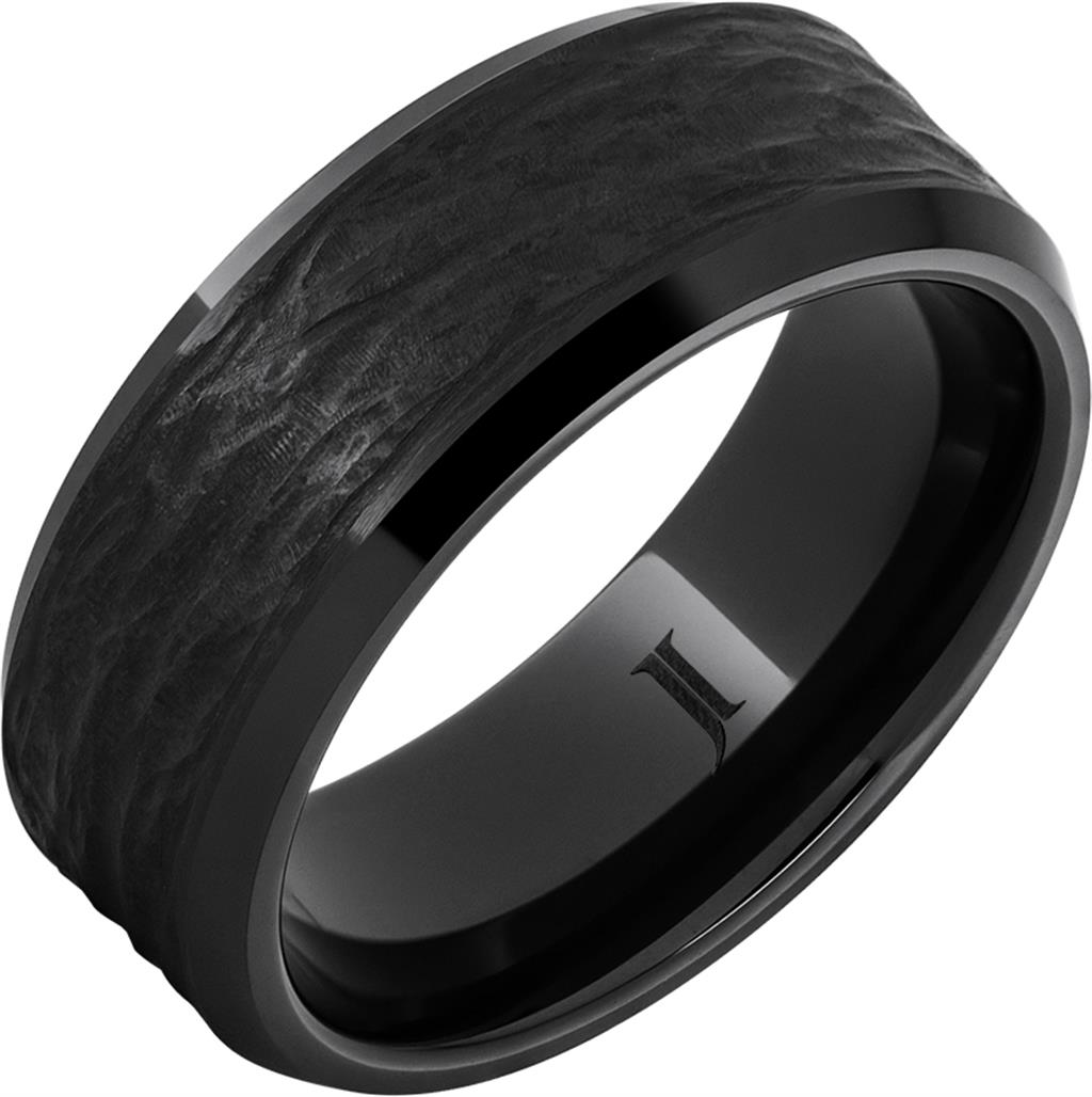 8MM Black Diamond Ceramic Ring | Hand-Carved Tree Bark Pattern