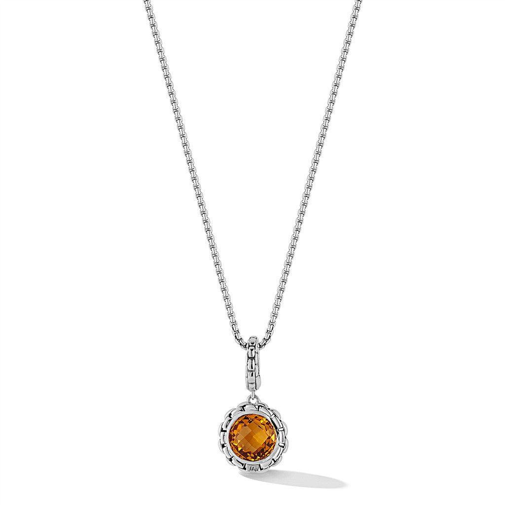 JAI Sterling Silver Box Chain Pattern Citrine Char | Silver Necklaces