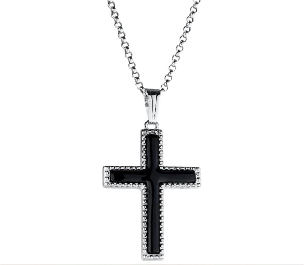 Sterling Silver Onyx Cross with Beaded Edge & 18" Rolo Chain