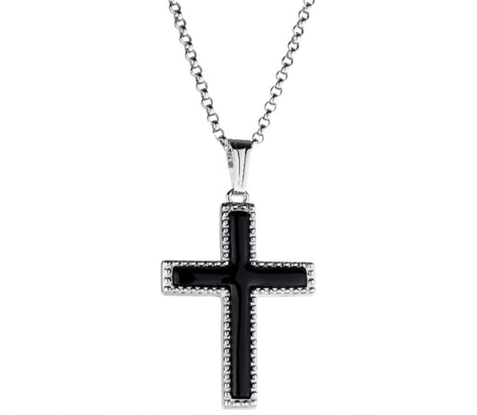 Sterling Silver Onyx Cross with Beaded Edge & 18" Rolo Chain