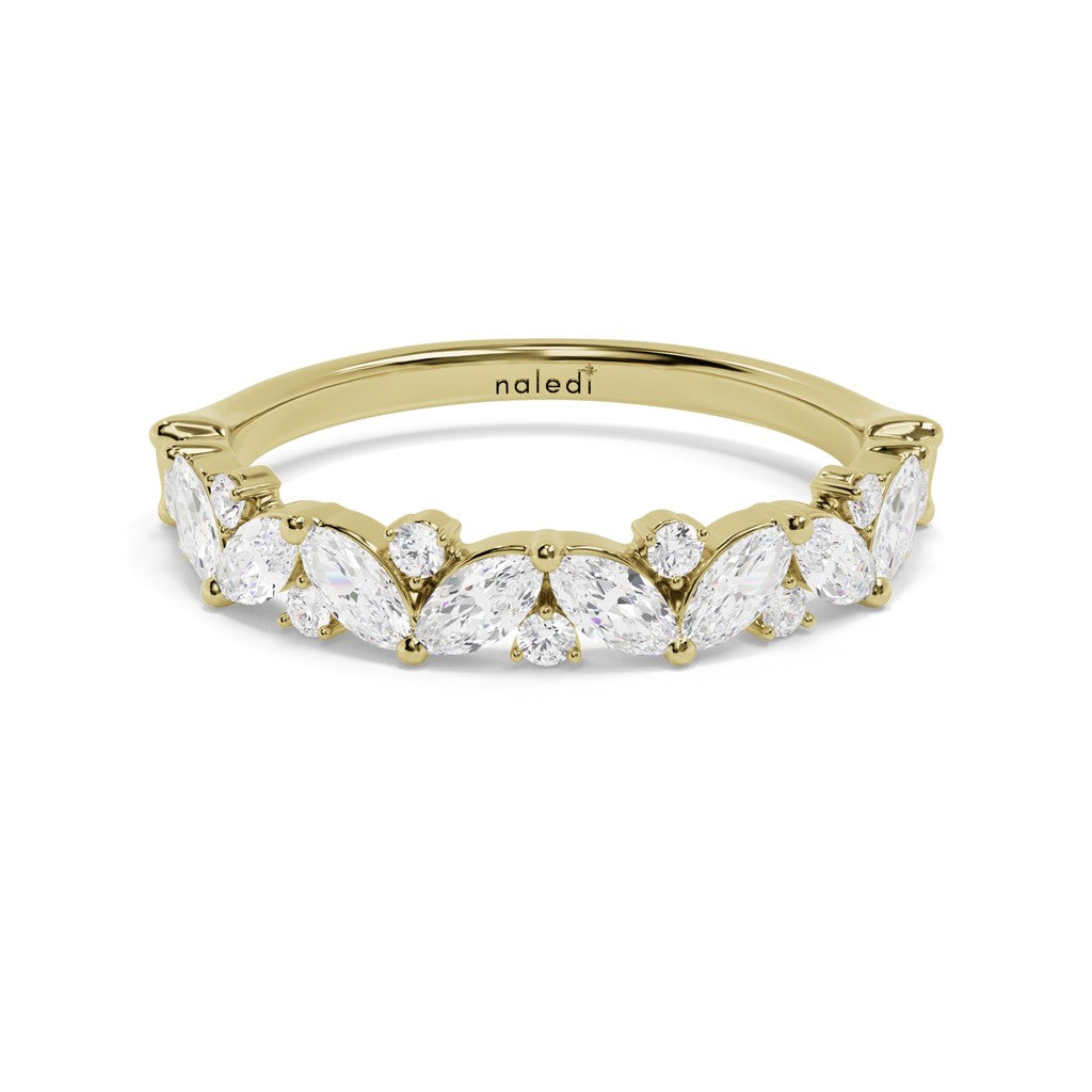 14K Yellow Gold Wedding Band – Alternating Marquise & Round Diamonds