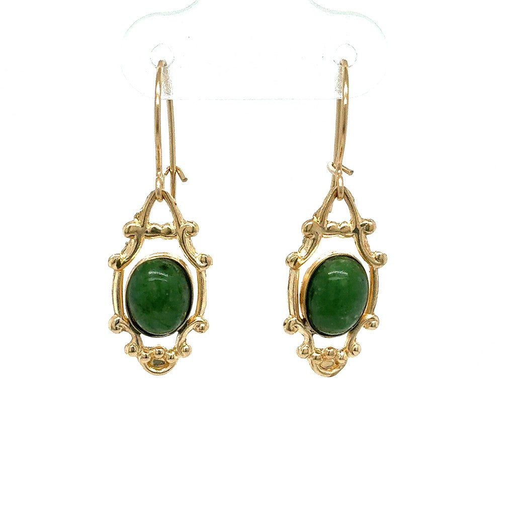 14K Yellow Gold Dangle Earrings with Green Stones