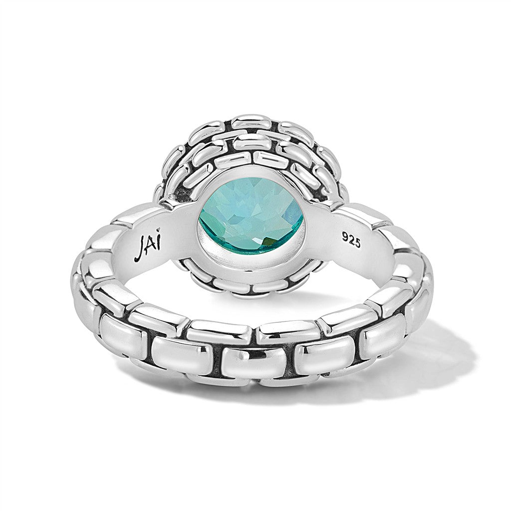 JAI Sterling Silver Box Chain Pattern Ring with Do | Silver Rings