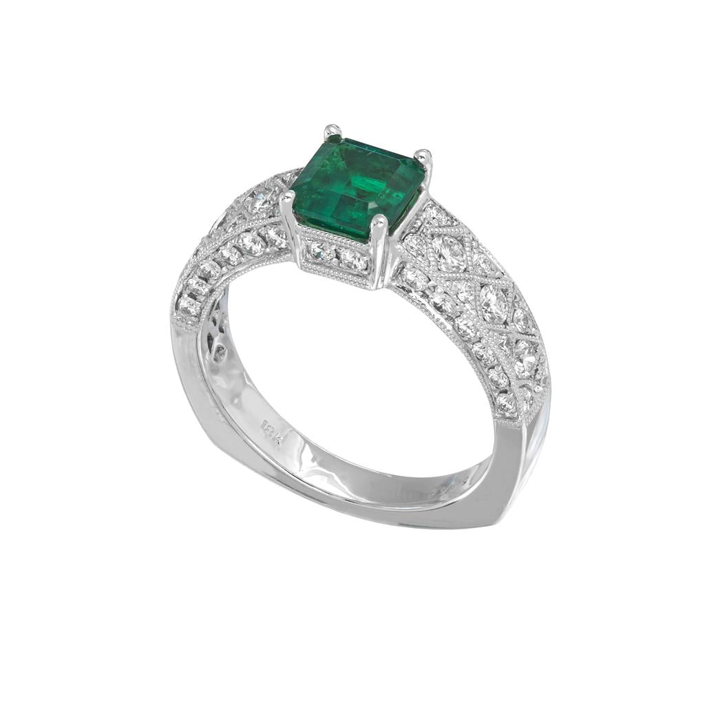 18KWG Princess Cut Emerald and Diamond Ring with Milgrain Details