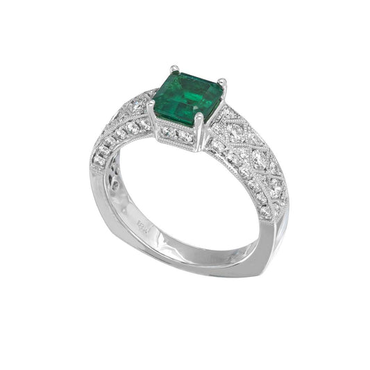 18KWG Princess Cut Emerald and Diamond Ring with Milgrain Details