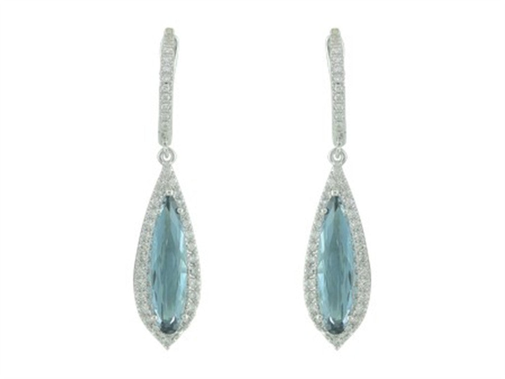 14K White Gold Elongated Elegance North South Set London Blue Topaz with Diamond Halo Dangle Earrings