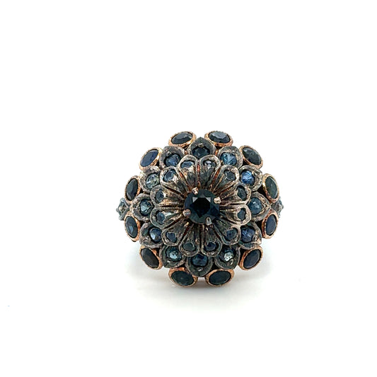 Estate 10K Yellow Gold Domed Cocktail Ring with Blue Stones – Size 5.5