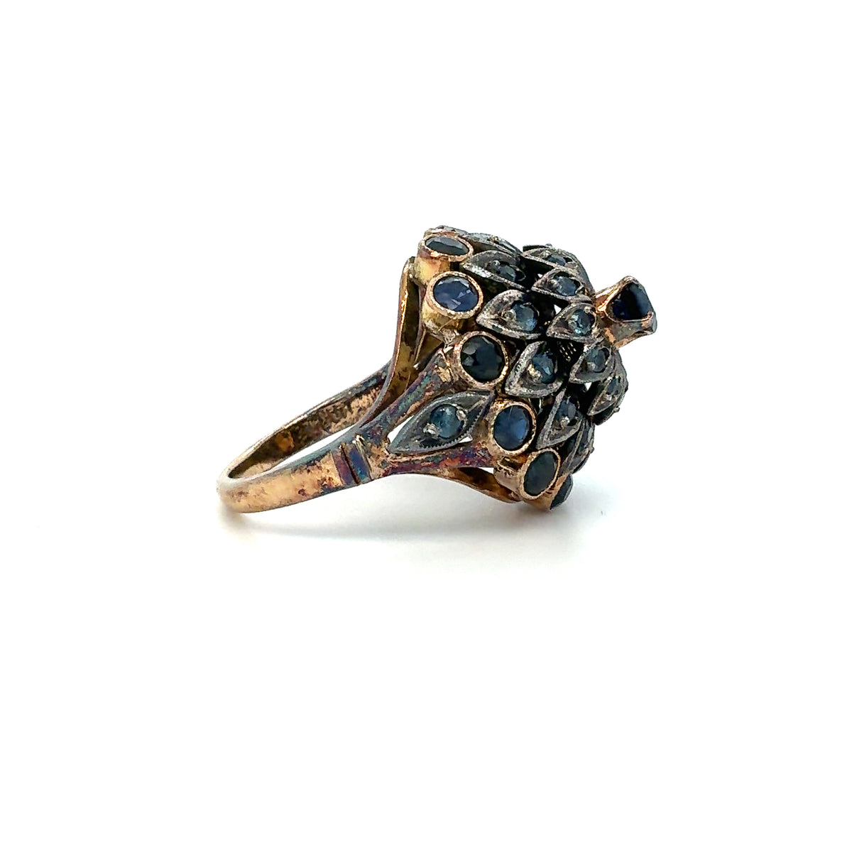 Estate 10K Yellow Gold Domed Cocktail Ring with Blue Stones – Size 5.5