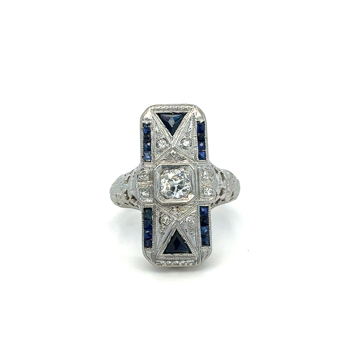 Estate 18K White Gold Ladies Diamond & Sapphire Art Deco Ring – Size 5.25