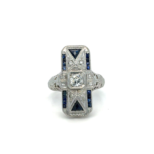 Estate 18K White Gold Ladies Diamond & Sapphire Art Deco Ring – Size 5.25