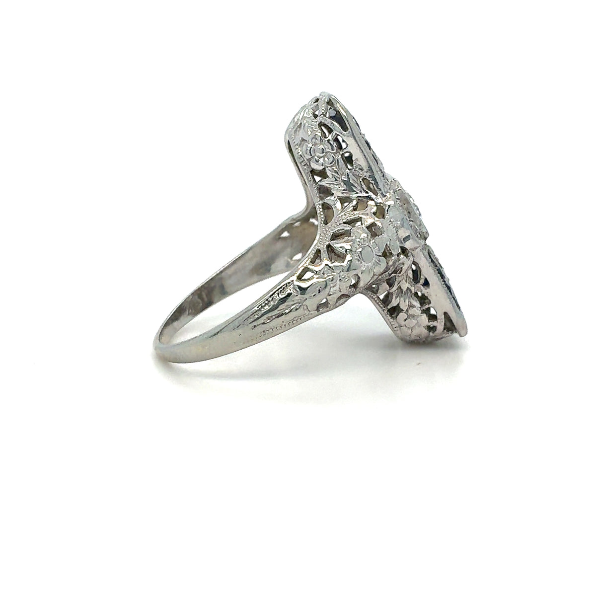 Estate 18K White Gold Ladies Diamond & Sapphire Art Deco Ring – Size 5.25