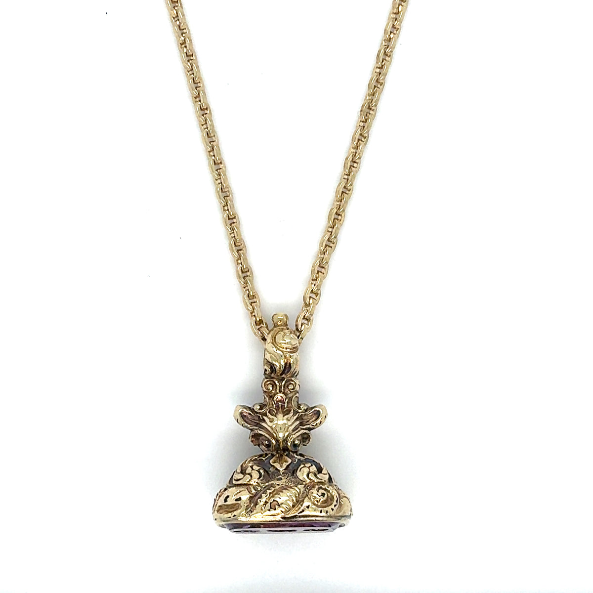 Estate 14K Yellow Gold Engraved Pendant with Purple Gemstone