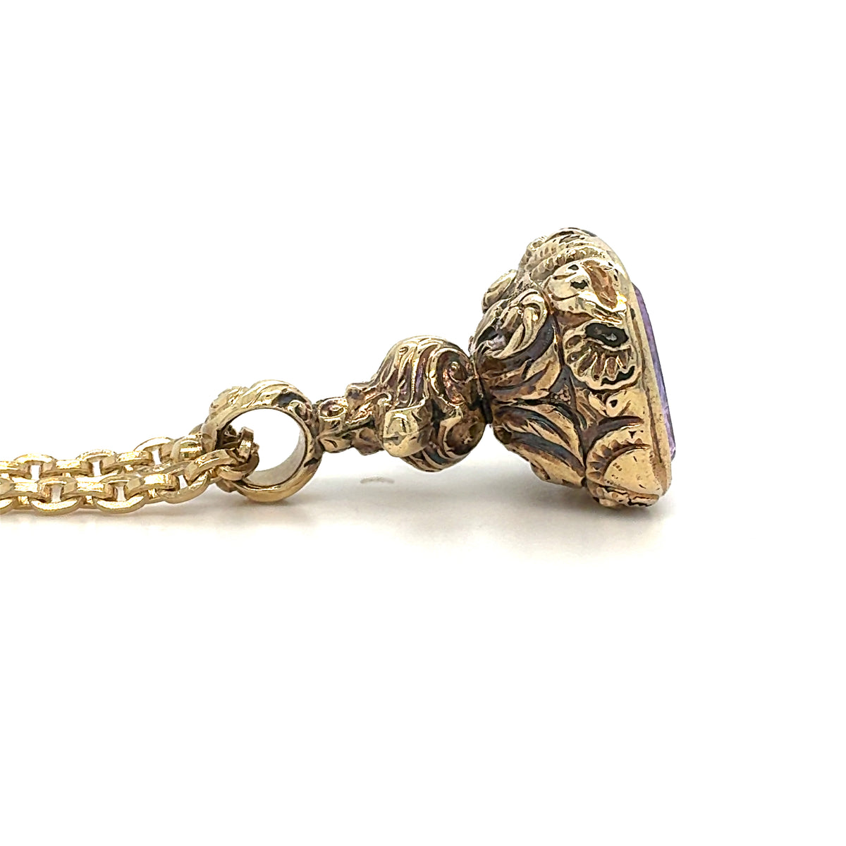 Estate 14K Yellow Gold Engraved Pendant with Purple Gemstone