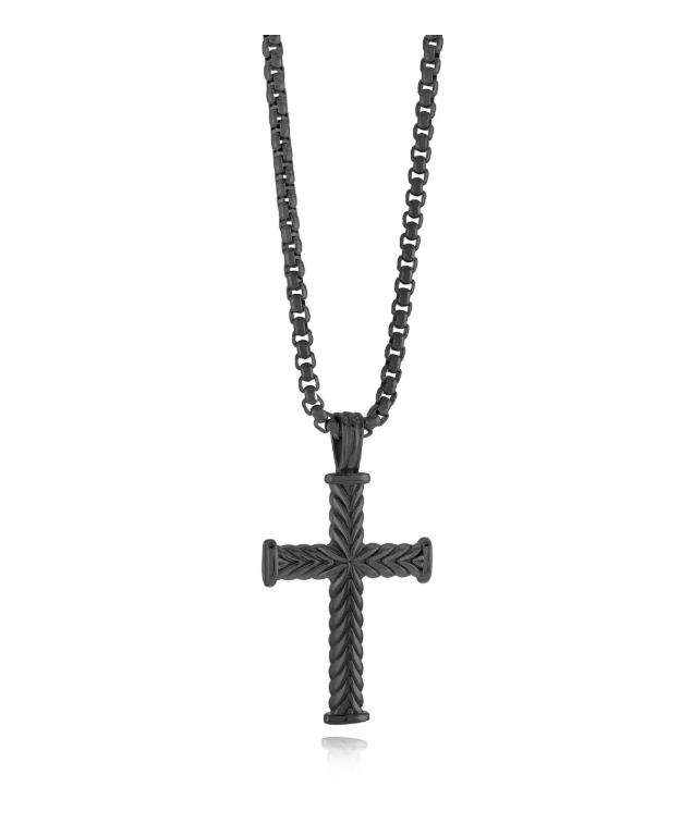 Black-IP Stainless Steel Polished Wave Cross Necklace 22"