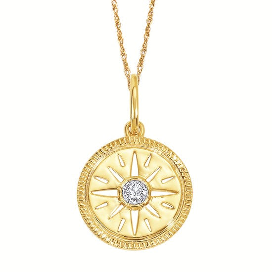 14K Yellow Gold Star Compass Pendant with .02CTW Diamonds on 18" Chain