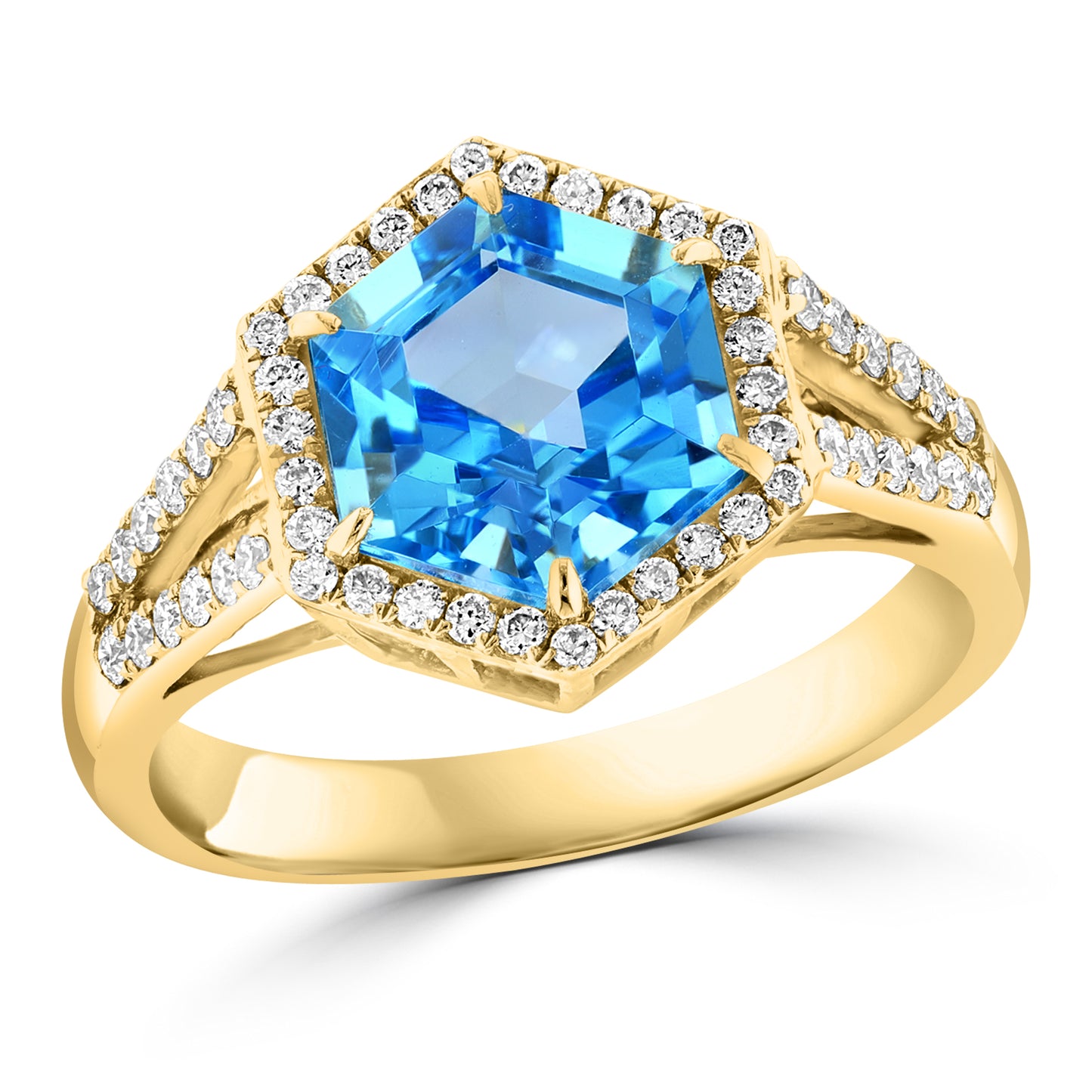 18K Yellow Gold 2.76CT Hexagon Blue Topaz & .33CTW Diamond Halo Ring