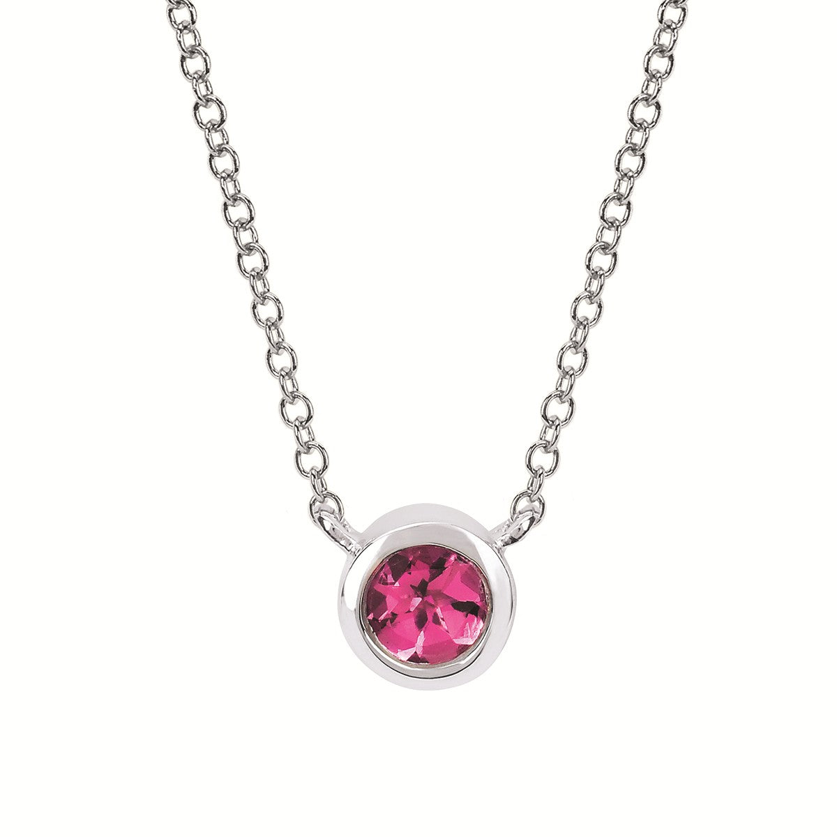 SS 3.7mm Pink Tourmaline Bezel Birthstone Pendant 18"