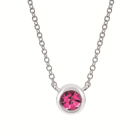 SS 3.7mm Pink Tourmaline Bezel Birthstone Pendant 18"