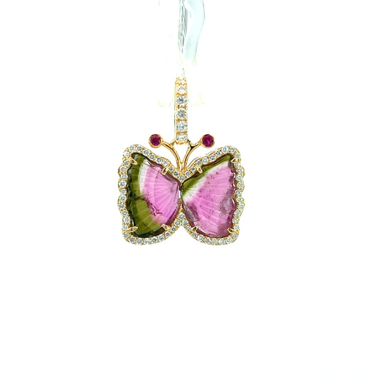 18K Yellow Gold 3.46CT Watermelon Tourmaline & Diamond Butterfly Pendant