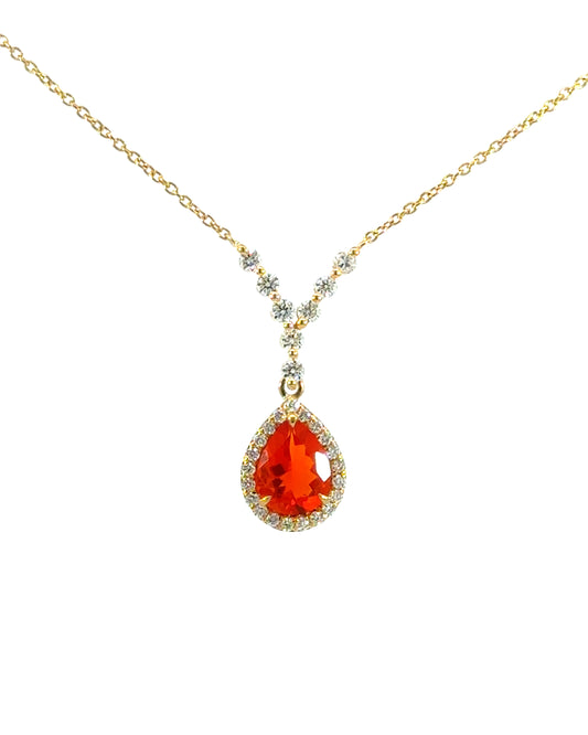 18K Yellow Gold .75CT Pear Fire Opal & .26CTW Diamond Necklace