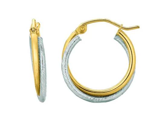 14K Two-Tone Double Row Hoop Earrings with Hinged Clasp