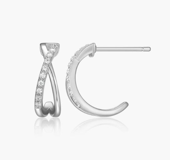 Monte Luna Sterling Silver, Silver, Crossover J-Hoop Stud Earrings