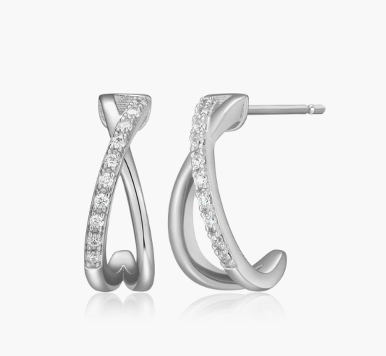 Monte Luna Sterling Silver, Silver, Crossover J-Hoop Stud Earrings