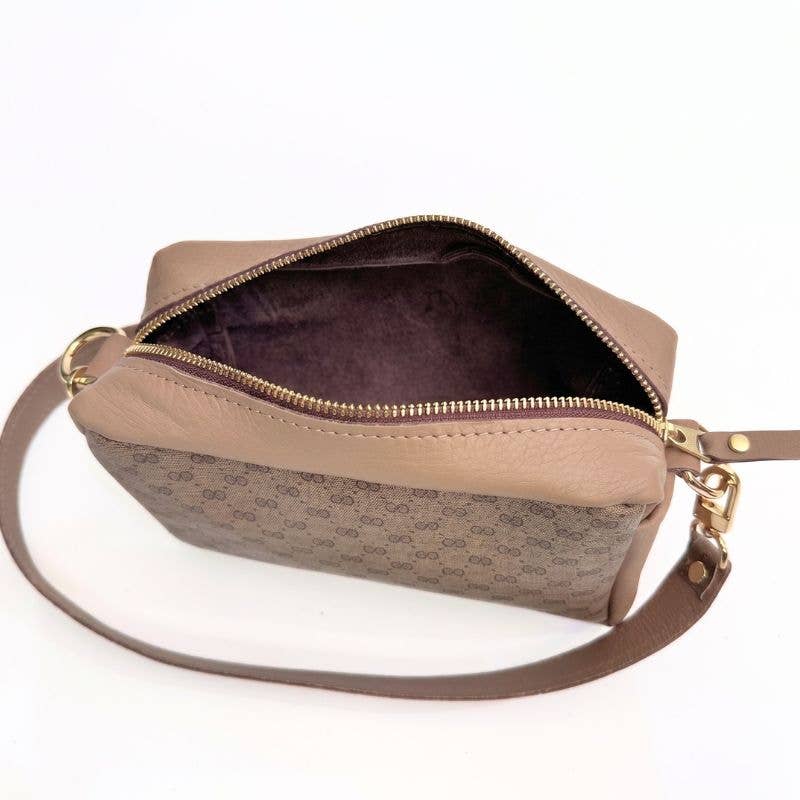 Val Shoulder Bag Micro Interlock Full Front – Upcycled Mocha Mousse