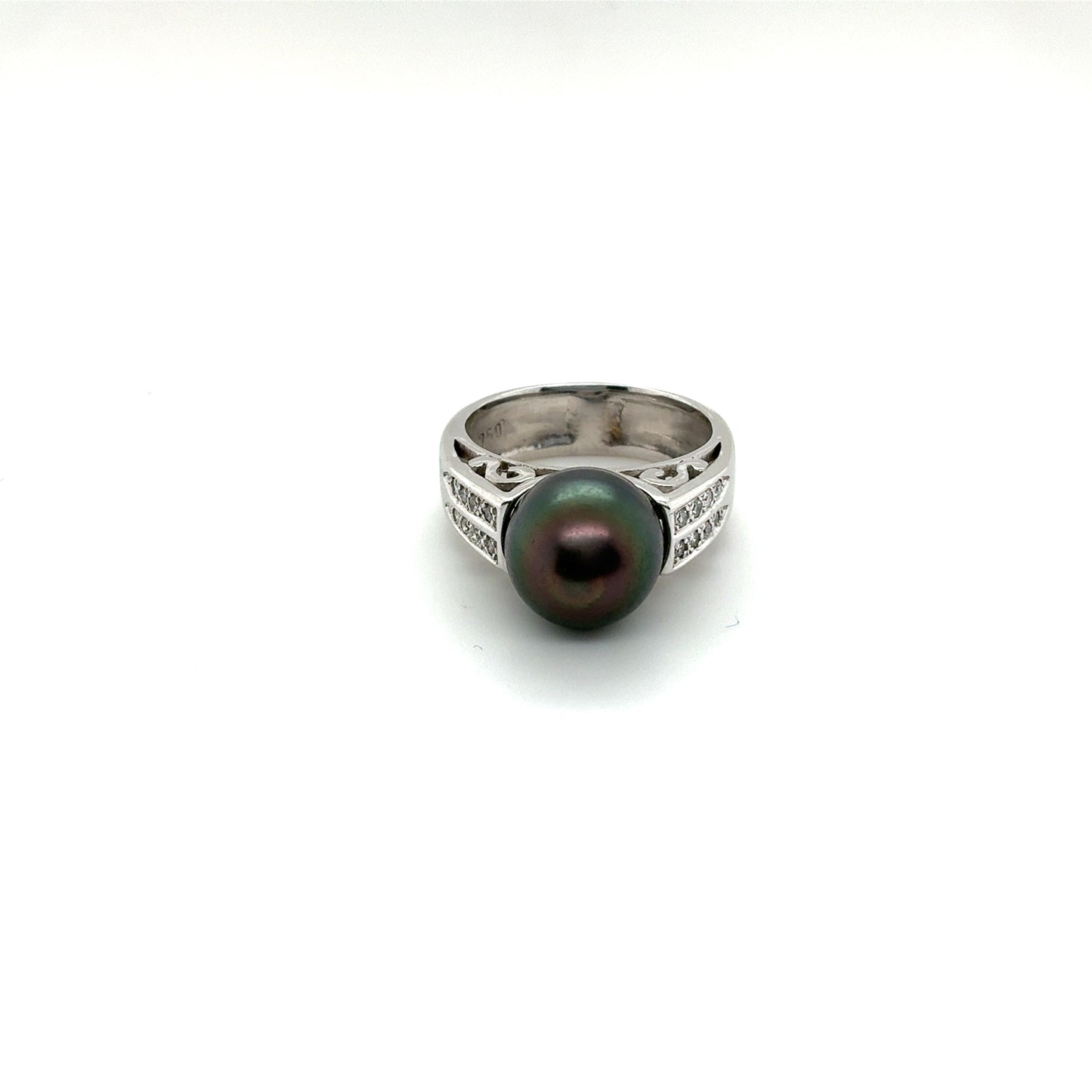 Exquisite 18K White Gold Estate Ring with Tahitian Pearl & Diamonds