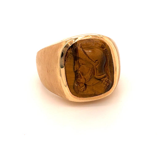 14K Yellow Gold Ring with Carved Stone Face – Size 8