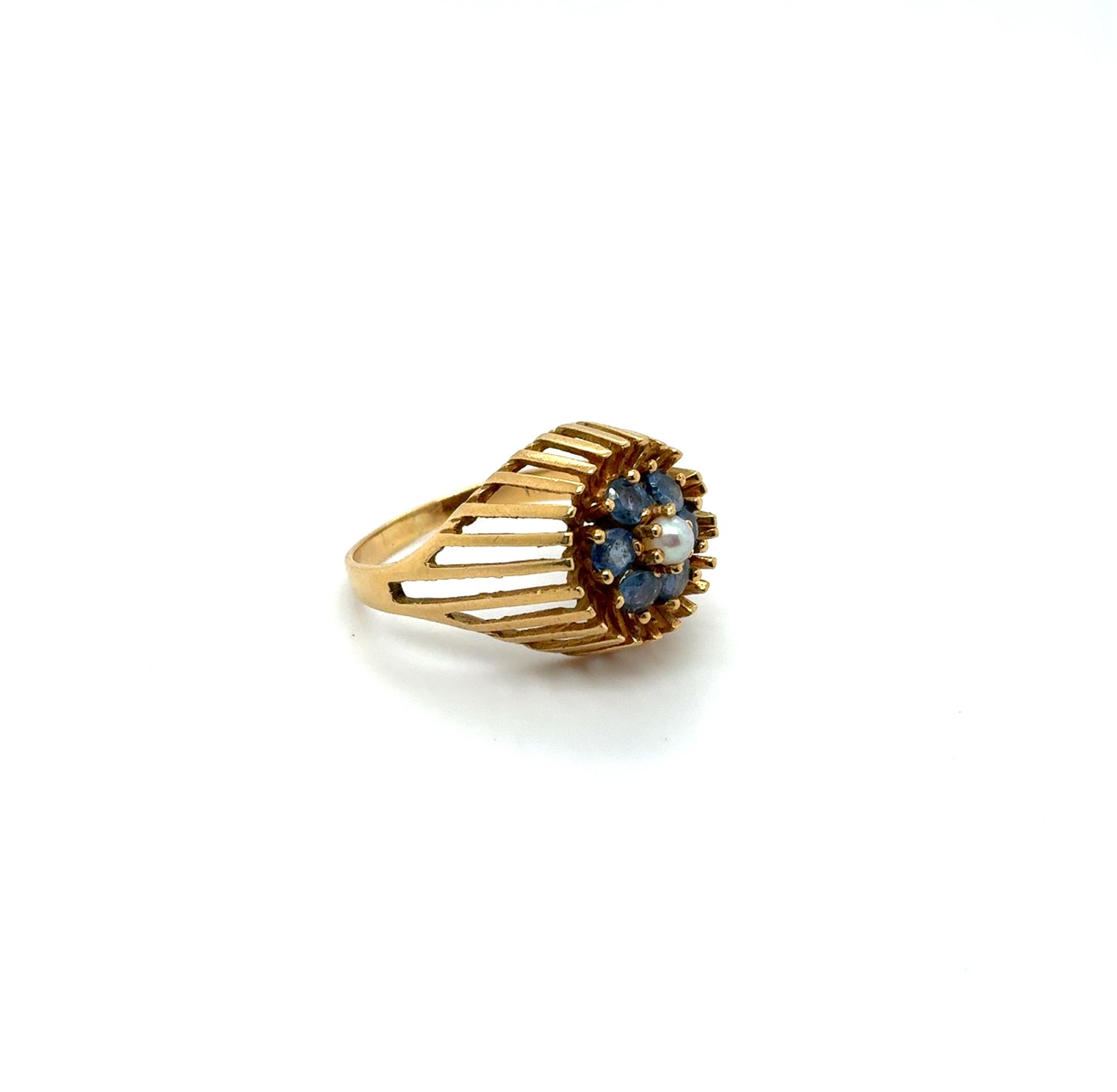 18K Yellow Gold Estate Floral Ring with Blue Stones & Pearl – Size 7