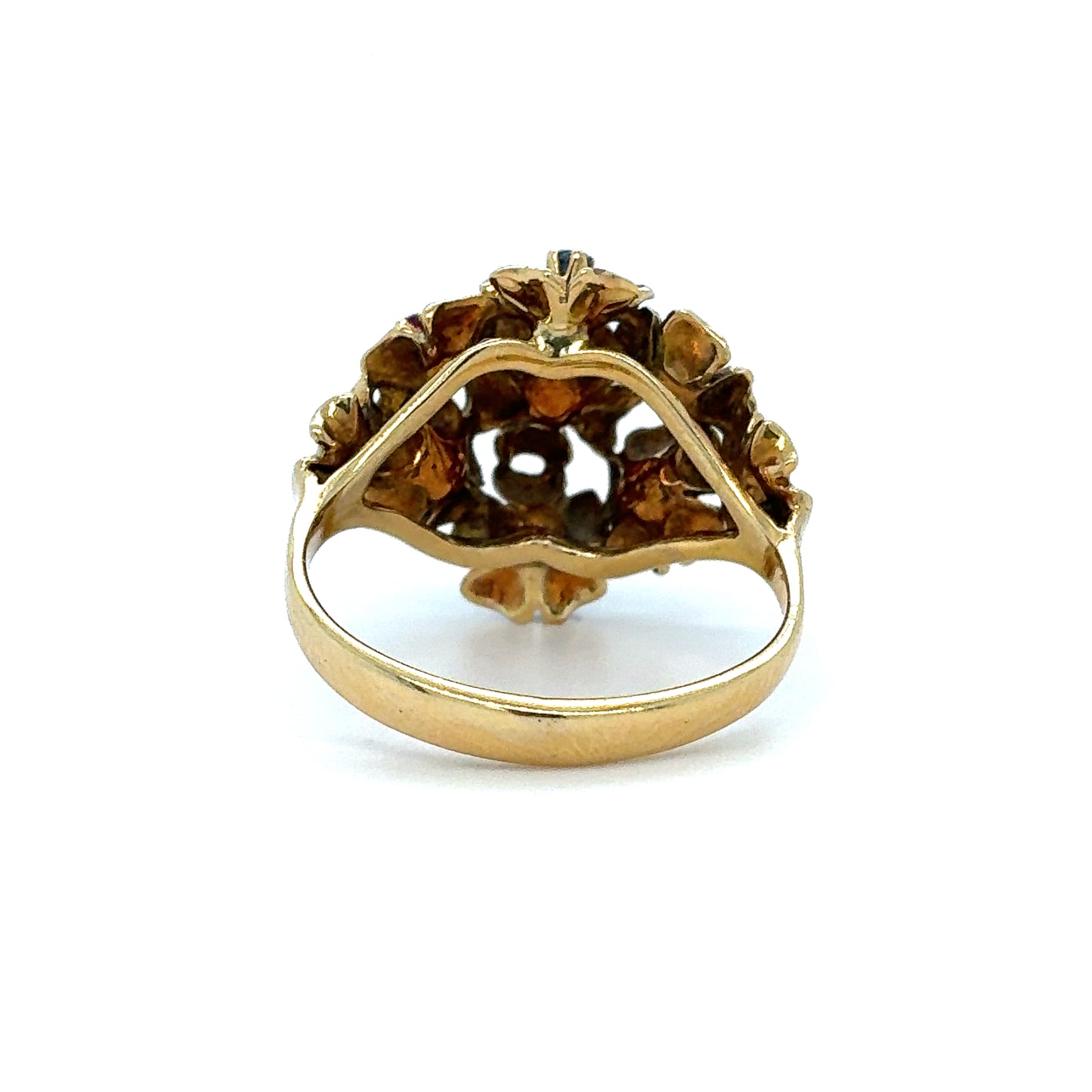 Estate 18K Yellow Gold Enamel Bouquet Ring with Red & Blue Stones – Size 6.25