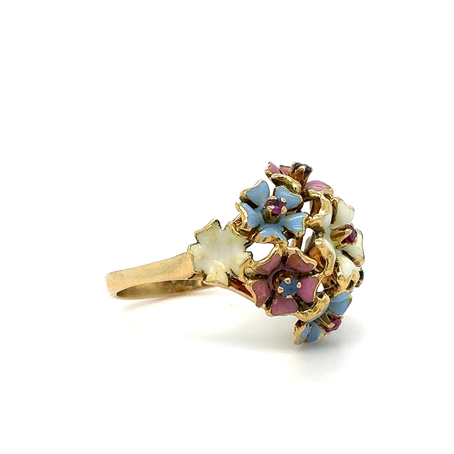 Estate 18K Yellow Gold Enamel Bouquet Ring with Red & Blue Stones – Size 6.25
