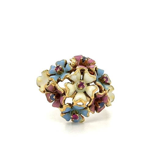 Estate 18K Yellow Gold Enamel Bouquet Ring with Red & Blue Stones – Size 6.25