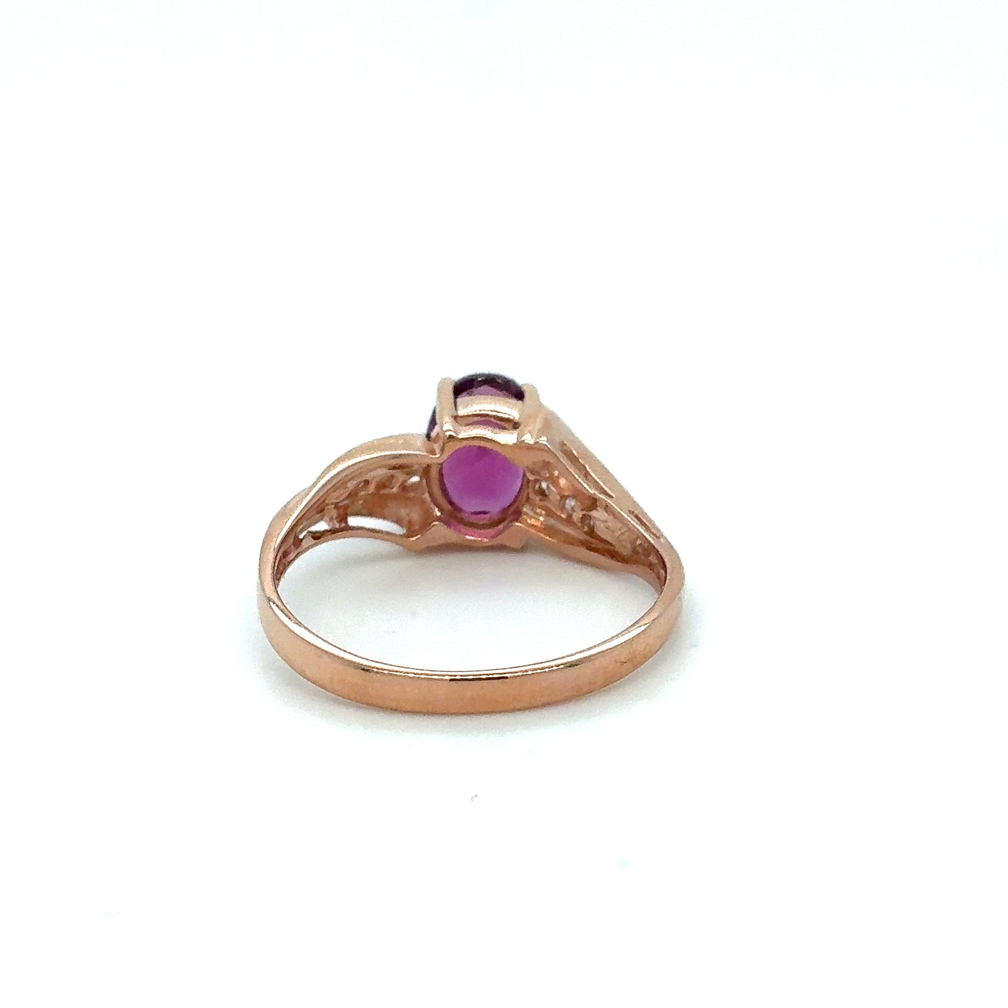 Estate 14K Rose Gold Purple Oval Ring with Graduated Clear Stones – Size 7.5