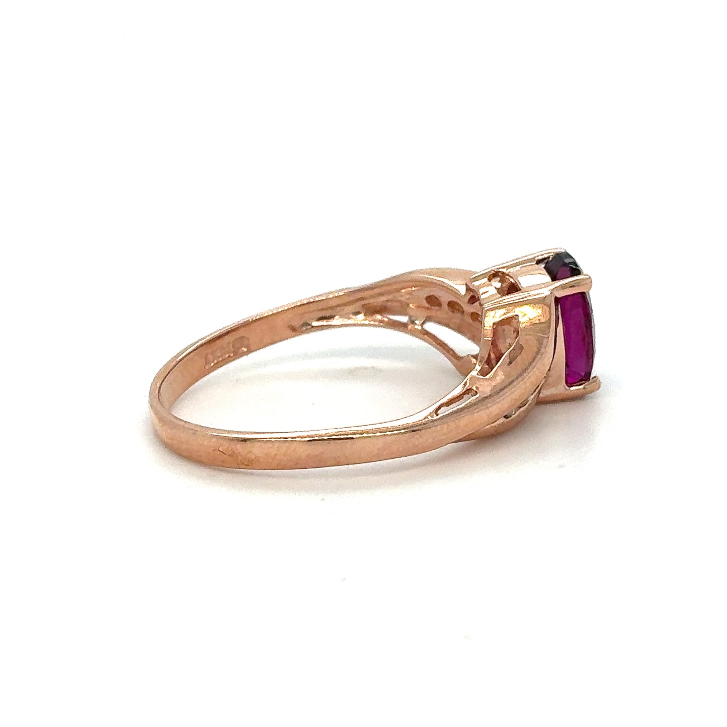 Estate 14K Rose Gold Purple Oval Ring with Graduated Clear Stones – Size 7.5