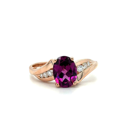 Estate 14K Rose Gold Purple Oval Ring with Graduated Clear Stones – Size 7.5