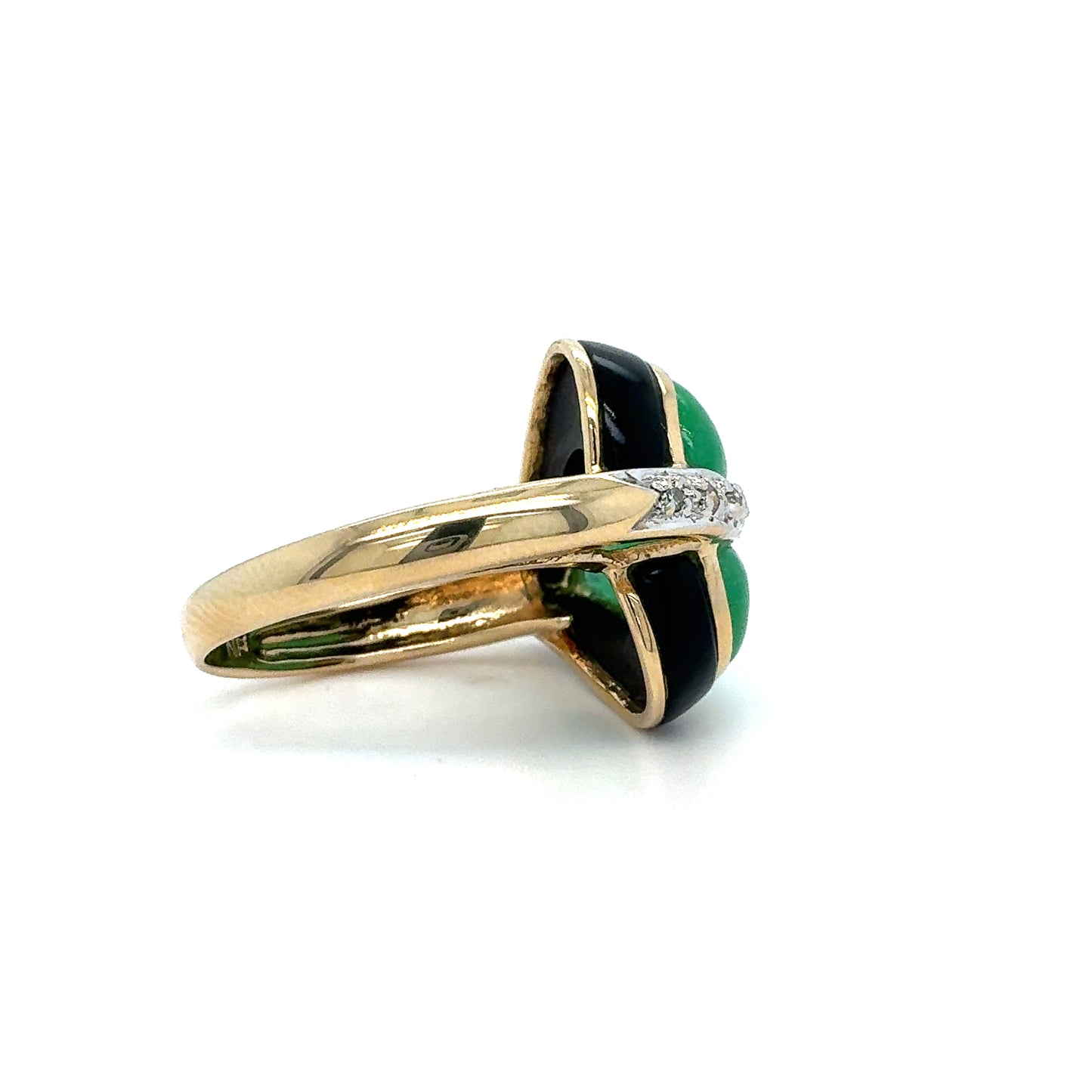 Estate 14K Two-Tone Green Cabochon Leaf Ring with Black Enamel & Clear Accents – Size 7.5
