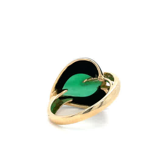Estate 14K Two-Tone Green Cabochon Leaf Ring with Black Enamel & Clear Accents – Size 7.5