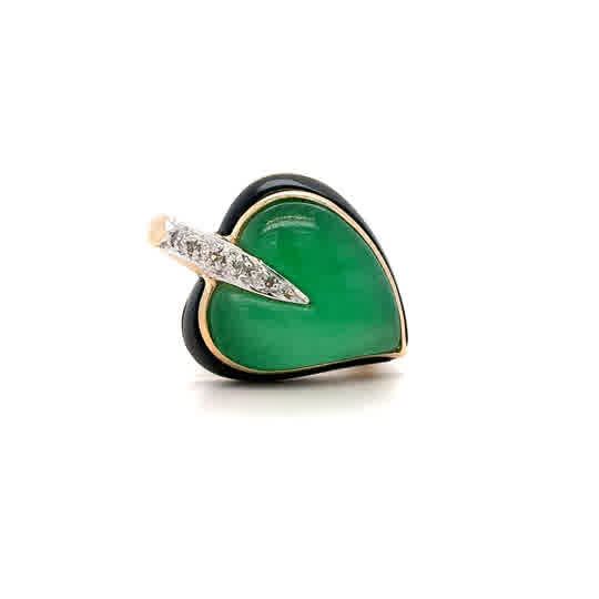 Estate 14K Two-Tone Green Cabochon Leaf Ring with Black Enamel & Clear Accents – Size 7.5